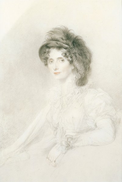德文郡公爵夫人伊丽莎白的肖像（1758-1824），坐着，半身，戴着一顶大羽毛帽子（铅笔，纸上的黑色和红色粉笔） 作者 托马斯·劳伦斯