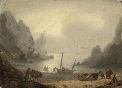 约1804年，德文郡（Devonshire）的一个入口，渔民将渔获物卸到前岸 作者 托马斯·鲁尼