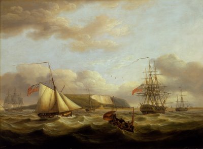 一艘驱逐舰从护卫舰后方驶过，19 世纪早期（布面油画） 作者 托马斯·鲁尼