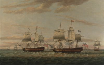一名印第安人和一艘双层帆船相撞，据说是 Thomas Dumar Esq.乘坐英国皇家海军船只 "波特兰 "号运送背风群岛护航舰队，1776 年 作者 托马斯·鲁尼