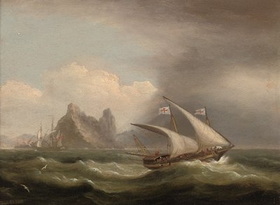 1822年，一架武装的Xebec在地中海，一艘英国护卫舰从船尾驶过，驶过岩石海岸海岸，1822年 作者 托马斯·鲁尼