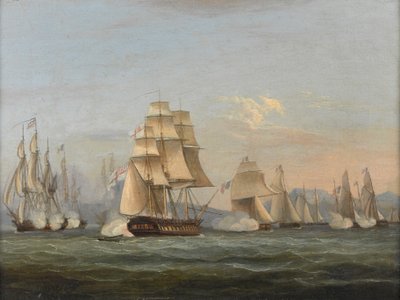 英国皇家海军斯巴达号和法国护卫舰：行动开始，1810 年 5 月 3 日（那不勒斯湾）（布面油画） 作者 托马斯·鲁尼