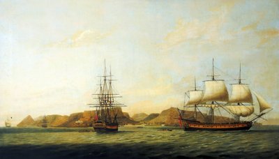 建于 1780 年的东印度公司船只 "诺森伯兰号 "在圣赫勒拿岛附近航行，往返于英国和孟加拉（印度）之间。 作者 托马斯·鲁尼