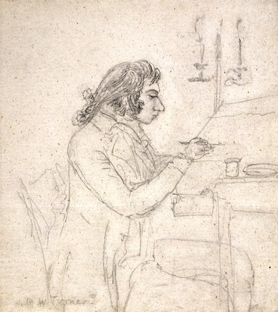 J. M. W. 特纳 (J. M. W. Turner) 在绘图桌上； 反面：睡着的门罗夫人（灰白色直纹纸上的铅笔） 作者 托马斯·蒙罗