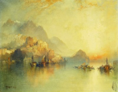 1918年日落时的山坡村 作者 托马斯·莫兰