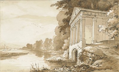 科尔维奇-沃尔斯利大桥附近的神庙：棕褐色水洗图，nd [1837-1838]（绘制） 作者 托马斯·佩普洛伍德