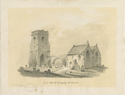 鲁格利教堂（Rugeley Church，旧）：棕褐色在有色纸上绘画，nd [？1839]（绘画） 作者 托马斯·佩普洛伍德