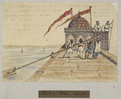 Indus Jumpti 的甲板。T.P.1841"。描绘信德、卡奇和孟买的服饰、职业、风景和建筑的 212 幅素描和 11 幅石版画专辑》中的四名男子划着巨桨 作者 托马斯·波斯坦斯