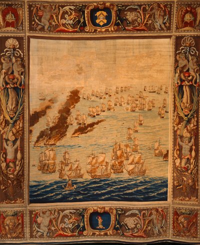 莫特莱克挂毯行动中的火船，约 1685 年（纺织品） 作者 托马斯·波因茨
