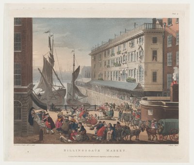 比林斯盖特市场，1808年3月1日。，1808年3月1日。创作者：Thomas Rowlandson, Augustus Charles Pugin, J. Bluck. 作者 托马斯·罗兰森、奥古斯都·查尔斯·普金、J·布莱克