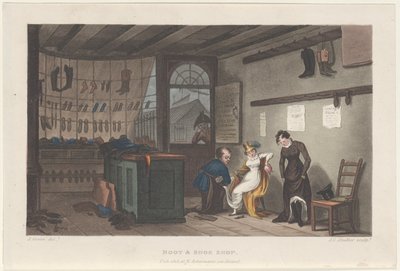 皮靴和鞋店，选自斯卡伯勒的诗意素描，1813年。创作者：Thomas Rowlandson, Joseph Constantine Stadler, J. Bluck. 作者 托马斯·罗兰森、约瑟夫·康斯坦丁·斯塔德勒、J Bluck
