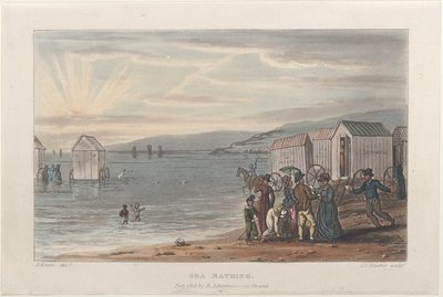 海水浴，来自斯卡伯勒的诗歌素描，1813年，1813年。创作者：Thomas Rowlandson, Joseph Constantine Stadler, J. Bluck. 作者 托马斯·罗兰森、约瑟夫·康斯坦丁·斯塔德勒、J Bluck