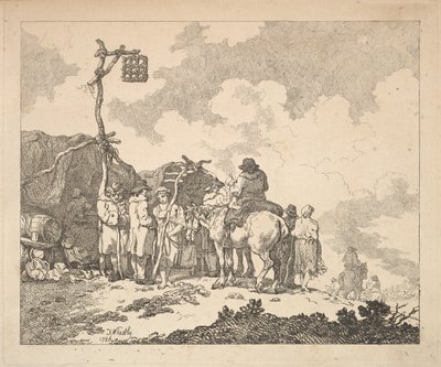 一场博览会-一群吉普赛人-两名穿临时服装的男女穿着朴素的衣服，1786年。 作者 托马斯·罗兰森
