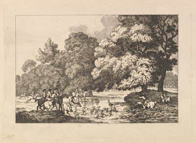 猎鹿-河中有鹿和猎犬的风景场景，1787年。 作者 托马斯·罗兰森