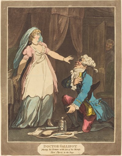 加里波特医生把他的财富放在他的女主人脚下，1808年。 作者 Thomas Rowlandson