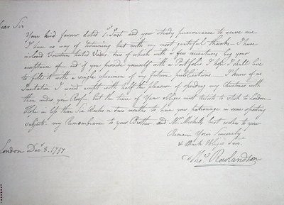 已知最早的艺术家给潜在赞助人Downs先生的信，1797年12月8日（纸上笔墨）。 作者 托马斯·罗兰森