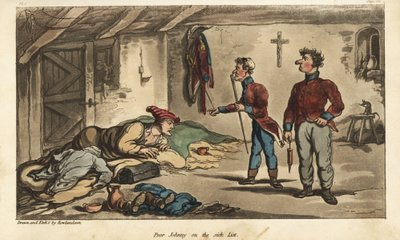 Ensign Johnny Newcome down with dysentery in his ticket in Medina, Spain. Handcoloured copperplate engraving drawn and etched by Thomas Rowlandson from Colonel David Roberts