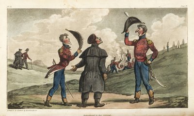 约翰尼·纽康少尉在萨拉曼卡战役前介绍给了他所在团的上校。 由 Thomas Rowlandson 绘制和蚀刻的手绘铜版画，来自 David Roberts 上校的 The Military Adventures of Johnny Newcome，Martin，伦敦 作者 托马斯·罗兰森