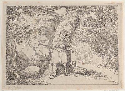 Fiddler, Sailor, Two Women and a Pig by a Cottage, 1816., 1816. 作者 托马斯·罗兰森
