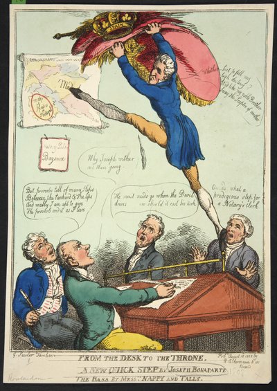 从书桌到王座。 Joseph Bonaparte的新快速步骤。 Bass by Messrs Nappy和Talley，pub。 1808（手工彩色雕刻） 作者 托马斯·罗兰森