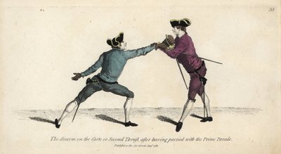 绅士击剑手在使用 Prime Parade 招架后，在 Carte 或 Second Thrust 上解除对手的武装。 伦敦击剑学院托马斯·罗兰森 (Thomas Rowlandson) 的手绘铜版画 作者 托马斯·罗兰森