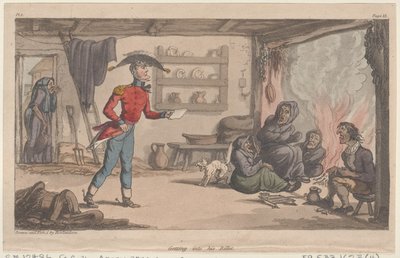 进入他的军营，来自《约翰尼-纽康的军事冒险》，1815年。 作者 托马斯·罗兰森