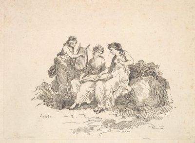 和谐-两个若虫在唱歌，另一个在演奏七弦琴，1784-88年。 作者 托马斯·罗兰森