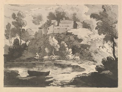丘陵河景观，前景左侧的水上船，远处的人像，1783-84年。 作者 托马斯·罗兰森