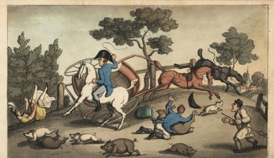 约翰尼和一位女士在一群猪中撞车。W.Read根据Thomas Rowlandson的插图进行的手绘铜版画，出自Alfred Burton的《Johnny Newcombe在海军的冒险》，Simpkin，伦敦 作者 托马斯·罗兰森