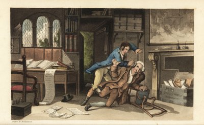 约翰尼在被骗了 100 英镑后，在他的办公室里袭击了 Gripe 律师。 托马斯·罗兰森 (Thomas Rowlandson) 的手绘铜版版画，出自 William Combe 的 The History of Johnny Quae Genus，已故 Doctor Syntax 的小弃儿。 作者 托马斯·罗兰森