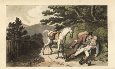 约翰尼帮助一个被甩下马的旅行者。托马斯-罗兰森的手绘铜版画，出自威廉-康伯的《约翰尼-奎因斯的历史》，已故合成医生的小弃婴。 作者 托马斯·罗兰森