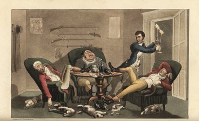 Johnny at a sporting finale: Johnny with candlesticks leaves three drunken hunters asleep in a dining room with empty wine bottles and sleeping hounds. Handcoloured copperplate engraving by Thomas Rowlandson from William Combe