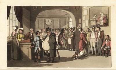 Johnny looking for work at a registry office for domestic servants. Men and women with monocles examining porters, maids and other staff. Handcoloured copperplate engraving by Thomas Rowlandson from William Combe