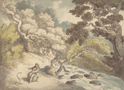 景观，有奔腾的溪流，岸上有一对夫妇被蛇惊吓，1775-1827。 作者 托马斯·罗兰森