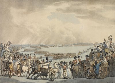 伦敦和威斯敏斯特的轻马志愿者，由赫里斯上校指挥，1798年7月5日由温布尔登陛下评审（彩色aquatint） 作者 托马斯·罗兰森