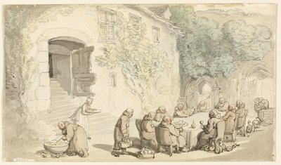 僧侣在户外用餐（正面）；村街（背面） 作者 托马斯·罗兰森