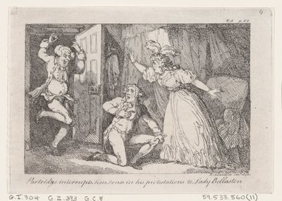 帕特里奇打断了汤姆-琼斯对贝拉斯顿夫人的抗议，摘自《历史》，1792年。 作者 托马斯·罗兰森