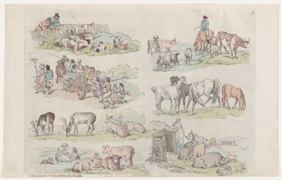 图版11，人物、风景和牛的轮廓...供学习者使用...，1791年1月31日。 作者 托马斯·罗兰森