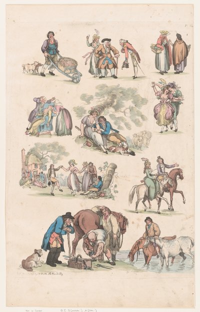 图版14，人物、风景和牛的轮廓......供学习者使用，Ju...，1790年6月1日。 作者 托马斯·罗兰森