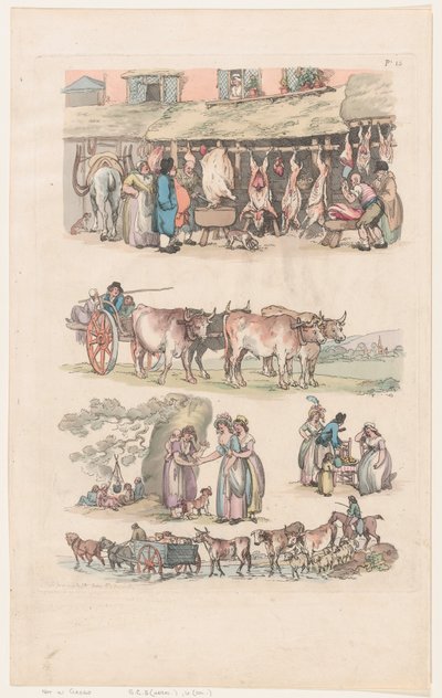 图版15，人物、风景和牛的轮廓......供学习者使用，Ju...，1790年6月1日。 作者 托马斯·罗兰森