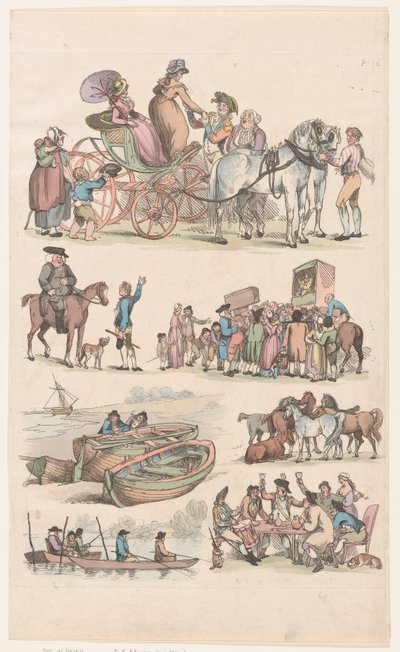 图版16，人物、风景和牛的轮廓......供学习者使用，Ju...，1790年6月1日。 作者 托马斯·罗兰森