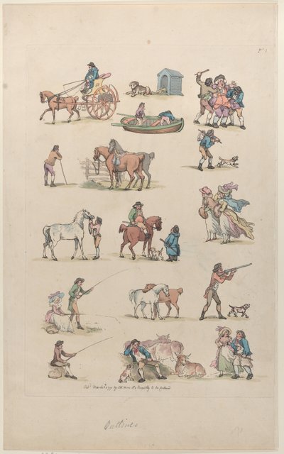 图版1，人物、风景和牛的轮廓...供学习者使用，马...，1790年3月8日。 作者 托马斯·罗兰森