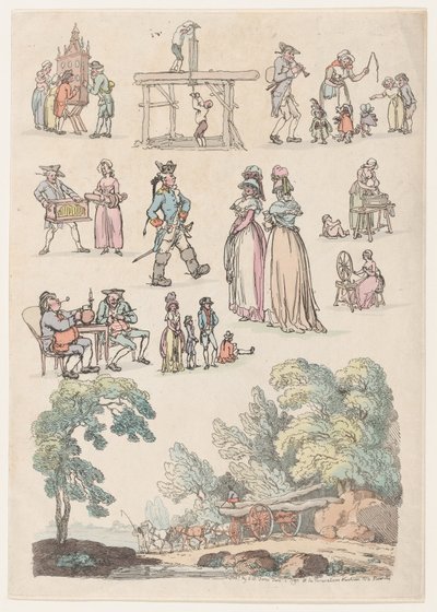 图版5，人物、风景和牛的轮廓......供学习者使用，Ju...，1790年6月18日。 作者 托马斯·罗兰森