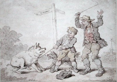 生锈的培根（猪头和劝说）（纸上水墨画）。 作者 托马斯·罗兰森