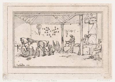 穿鞋：乡村锻造厂 一个法师的商店，1787年。 作者 托马斯·罗兰森