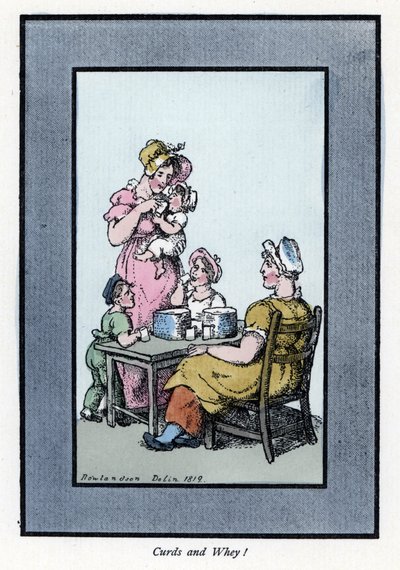 坐着卖鹌鹑奶和牛奶的女人有母子（1819）。 木版画，基于 Thomas Rowlandson (1756-1827) 的一幅画作，出版于 The Cris of London：有六个迷人的孩子和近 40 幅插图，Andrew Tuer，Field 作者 托马斯·罗兰森