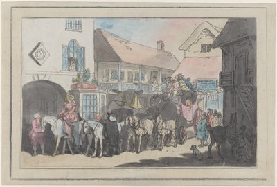 准备出发的旅店院子里的驿车和骑手，1789-95。 作者 托马斯·罗兰森