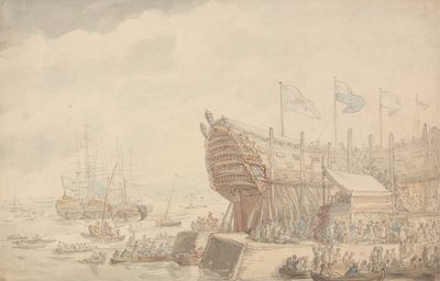 HMS Hibernia 1804的发射 作者 托马斯·罗兰森