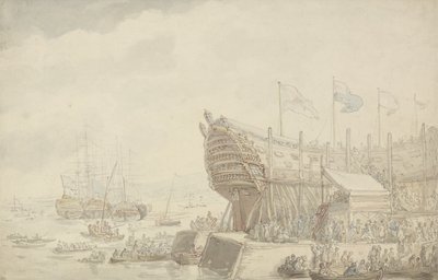 1804年在德文波特发射HMS“ Hibernia”（笔，墨水和纸上水彩） 作者 托马斯·罗兰森
