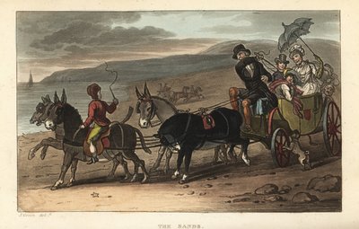 沙滩：沙滩上的驴子拉着巴鲁舍的游客。 托马斯·罗兰森 (Thomas Rowlandson) 手绘铜版画，根据 J. Green 的草图绘制，来自伦敦阿克曼斯卡伯勒的诗意草图 作者 托马斯·罗兰森